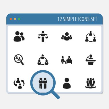 12 düzenlenebilir işbirliği simgeler kümesi. Birlik, sözleşme, konuşan adam ve daha fazla gibi simgeler içerir. Web, mobil, UI ve Infographic tasarımı için kullanılabilir.