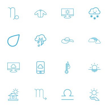 16 düzenlenebilir iklim anahat simgeleri ayarlayın. Yağmur damlası, ceket, keçi ve daha fazlası gibi simgeler içerir. Web, mobil, UI ve Infographic tasarımı için kullanılabilir.