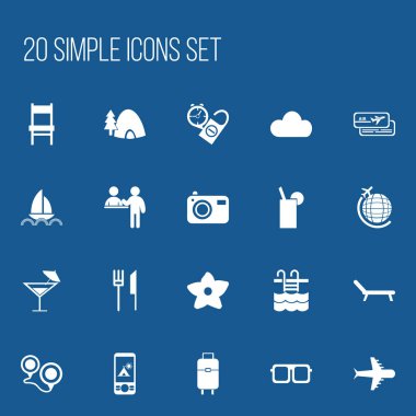 20 düzenlenebilir seyahat simgeler kümesi. Telefon, gözlük, Aero çadır gibi simgeler içerir ve daha fazlası. Web, mobil, UI ve Infographic tasarımı için kullanılabilir.