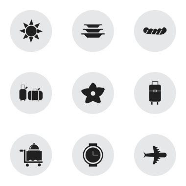 9 düzenlenebilir seyahat simgeler kümesi. Sunrise, yemekler, Aero gibi simgeler içerir ve daha fazlası. Web, mobil, UI ve Infographic tasarımı için kullanılabilir.