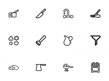 12 düzenlenebilir Cook anahat simgeleri ayarlayın. Patates soyma, plaka, sürahi ve daha fazlası gibi simgeler içerir. Web, mobil, UI ve Infographic tasarımı için kullanılabilir.