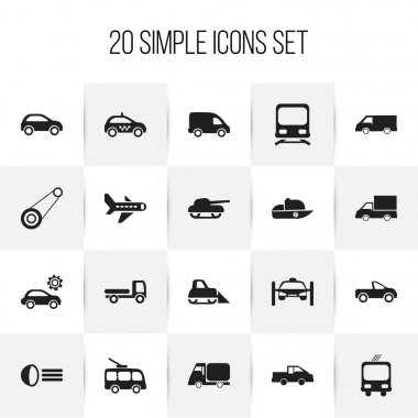 20 düzenlenebilir taşıma simgeler kümesi. Uçak, seyahat kamyonet, traktör ve daha fazlası gibi simgeler içerir. Web, mobil, UI ve Infographic tasarımı için kullanılabilir.