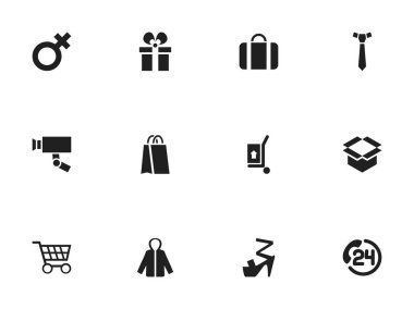 12 düzenlenebilir iş simgeler kümesi. Kılıf, hediye kutusu, sepeti ve daha fazlası gibi simgeler içerir. Web, mobil, UI ve Infographic tasarımı için kullanılabilir.