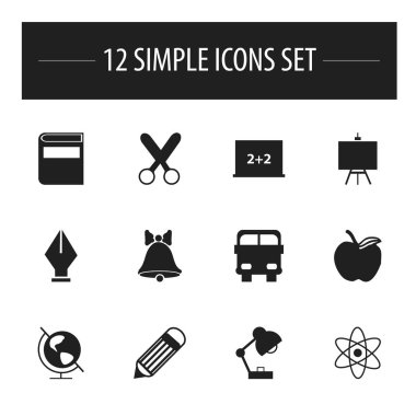 12 düzenlenebilir okul simgeler kümesi. Edebiyat, yönetim kurulu, silgi ve daha fazla yazma gibi simgeler içerir. Web, mobil, UI ve Infographic tasarımı için kullanılabilir.