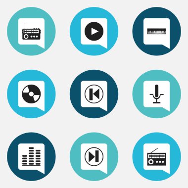 9 düzenlenebilir şarkı simgeler kümesi. Piyano, Play butonu ve Retro Tuner gibi simgeler içerir. Web, mobil, UI ve Infographic tasarımı için kullanılabilir.