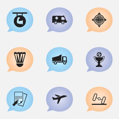 9 düzenlenebilir karmaşık simgeler kümesi. Kadehi, Badminton topu, uçak ve daha fazlası gibi simgeler içerir. Web, mobil, UI ve Infographic tasarımı için kullanılabilir.