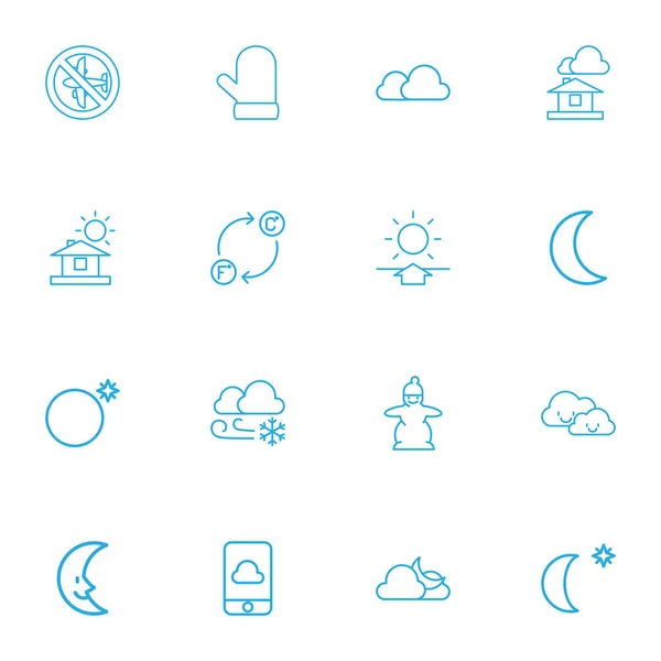 Ensemble de 16 icônes de contour du climat modifiables. Comprend des symboles tels que la lune, gant, nuageux et plus. Peut être utilisé pour le Web, mobile, interface utilisateur et infographie . — Image vectorielle