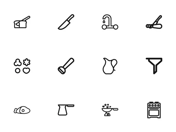 Ensemble de 12 icônes de contour de cuisine modifiables. Comprend des symboles tels que éplucheur de pommes de terre, assiette, cruche et plus. Peut être utilisé pour le Web, mobile, interface utilisateur et infographie . — Image vectorielle