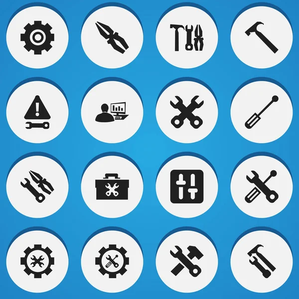 Conjunto de 16 iconos de herramientas editables. Incluye símbolos tales como equipo de fijación, martillo de la llave inglesa, llave del destornillador y más. Puede ser utilizado para el diseño de la tela, móvil, interfaz de usuario e infografía . — Vector de stock