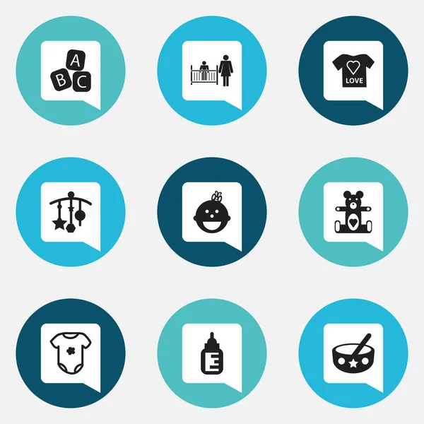 9 düzenlenebilir bebek simgeler kümesi. Kaşık, biberon, peluş hayvan ve daha fazlası gibi simgeler içerir. Web, mobil, UI ve Infographic tasarımı için kullanılabilir.