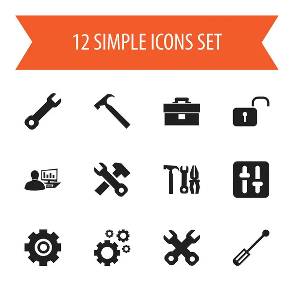 Conjunto de 12 ícones mecânicos editáveis. Inclui símbolos como Cadeado aberto, Equalizador, Chave de fenda e muito mais. Pode ser usado para Web, Mobile, UI e design infográfico . — Vetor de Stock