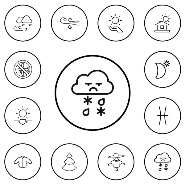 Conjunto de 12 iconos de contorno climático editables. Incluye símbolos tales como no vuelo, brisa, solar en la palma y más. Puede ser utilizado para el diseño de la tela, móvil, interfaz de usuario e infografía . — Vector de stock