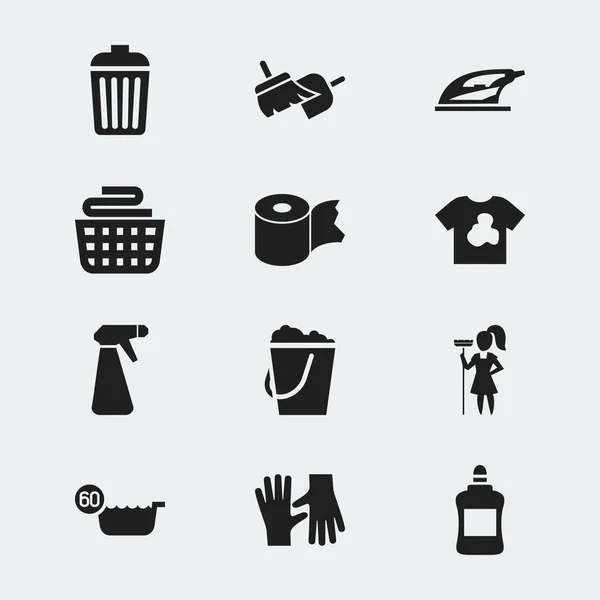 Satz von 12 editierbaren Reinigungssymbolen. enthält Symbole wie Hygienewalze, 60 Grad, Pulverisierer und mehr. kann für Web-, Mobil-, UI- und Infografik-Design verwendet werden. — Stockvektor