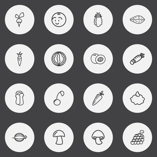 Conjunto de 16 iconos de cocina editables. Incluye símbolos como cereza, melocotón, cep y más. Puede ser utilizado para el diseño de la tela, móvil, interfaz de usuario e infografía . — Archivo Imágenes Vectoriales