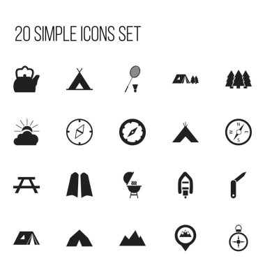 20 düzenlenebilir kamp simgeler kümesi. Su ısıtıcısı, oryantasyon, kebap ve daha fazlası gibi simgeler içerir. Web, mobil, UI ve Infographic tasarımı için kullanılabilir.