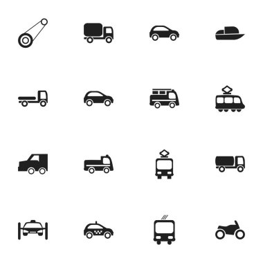16 düzenlenebilir taşıma simgeler kümesi. Hizmet Araba, ulaşım ve Spyglass gibi simgeler içerir. Web, mobil, UI ve Infographic tasarımı için kullanılabilir.