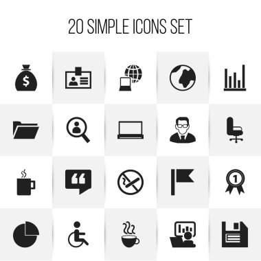 20 düzenlenebilir Bürosu simgeler kümesi. Dosya, kimlik doğrulama, özürlü gibi simgeleri içerir. Web, mobil, UI ve Infographic tasarımı için kullanılabilir.