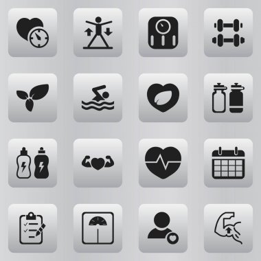 16 düzenlenebilir egzersiz simgeler kümesi. Tarihi planı, güçlü sevgi, kalp atışı ve daha fazla gibi simgeler içerir. Web, mobil, UI ve Infographic tasarımı için kullanılabilir.