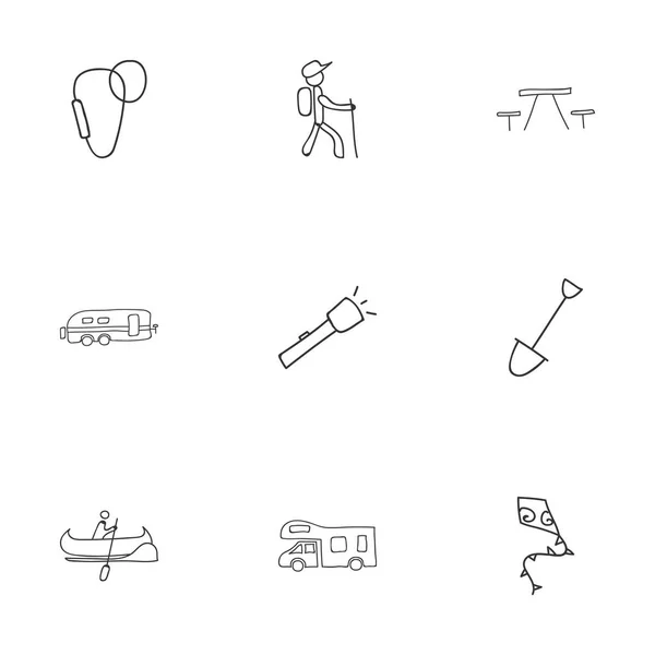 Set van 9 bewerkbare reis Doodles. Bevat symbolen zoals Picnic, Shovel, Caravan en meer. Kan worden gebruikt voor Web, Mobile, Ui en Infographic Design. — Stockvector