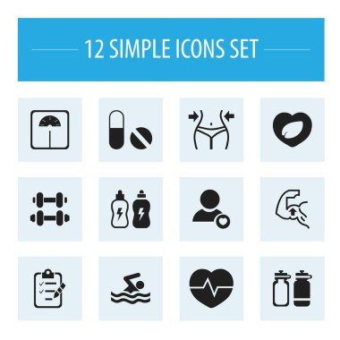 12 düzenlenebilir spor simgeler kümesi. Simgeleri gibi kas, kilo ölçümü, yaprak kalbinde ve daha fazlasını içerir. Web, mobil, UI ve Infographic tasarımı için kullanılabilir.