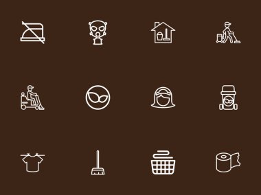 12 düzenlenebilir hijyen anahat simgeleri ayarlayın. Sembolleri içerir yaprakları gibi asılı ip ve daha fazla demir, değil. Web, mobil, UI ve Infographic tasarımı için kullanılabilir.