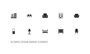 10 düzenlenebilir mobilyalar simgeler kümesi. Kabine, ışık, çocuk karyolası ve daha fazlası gibi simgeler içerir. Web, mobil, UI ve Infographic tasarımı için kullanılabilir.
