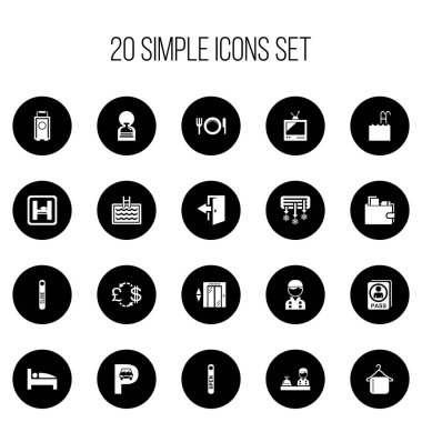 20 düzenlenebilir Hotel simgeler kümesi. Yemekler, Motel, askı ve daha fazlası gibi simgeler içerir. Web, mobil, UI ve Infographic tasarımı için kullanılabilir.