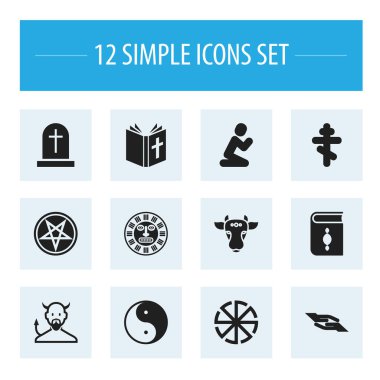 12 düzenlenebilir Dyne simgeler kümesi. Kutsal boğa, Taoizm, dua ve daha fazlası gibi simgeler içerir. Web, mobil, UI ve Infographic tasarımı için kullanılabilir.