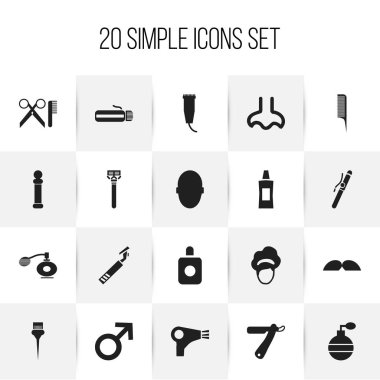 20 düzenlenebilir Tonsorial sanatçı simgeler kümesi. Saç modeli, keten tarağı, Aroma ve daha fazlası gibi simgeler içerir. Web, mobil, UI ve Infographic tasarımı için kullanılabilir.