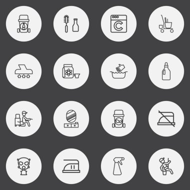 16 düzenlenebilir hijyen anahat simgeleri ayarlayın. Tehlikeli reaktif, Laundromat, İskelenin cam ve daha fazlası gibi simgeler içerir. Web, mobil, UI ve Infographic tasarımı için kullanılabilir.