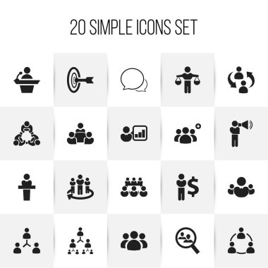 20 düzenlenebilir topluluk simgeler kümesi. Dostluk, Komutan, personel yapısı gibi simgeler içerir. Web, mobil, UI ve Infographic tasarımı için kullanılabilir.