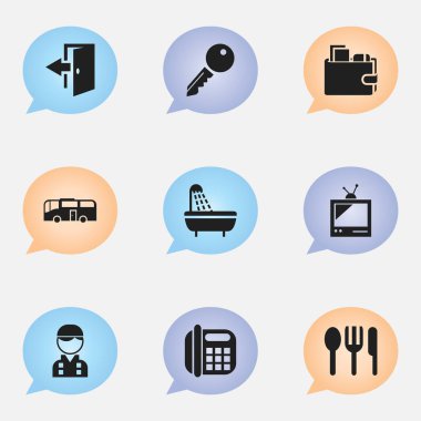 9 düzenlenebilir Motel simgeler kümesi. Küvet, çalışan, ulaşım ve daha fazlası gibi simgeler içerir. Web, mobil, UI ve Infographic tasarımı için kullanılabilir.