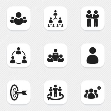 9 düzenlenebilir takım simgeler kümesi. Erkek, takım, hiyerarşi ve daha fazlası gibi simgeler içerir. Web, mobil, UI ve Infographic tasarımı için kullanılabilir.