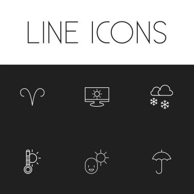 6 düzenlenebilir hava anahat simgeleri ayarlayın. Aslan, monitör, şemsiye ve daha fazlası gibi simgeler içerir. Web, mobil, UI ve Infographic tasarımı için kullanılabilir.