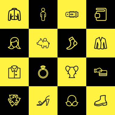 16 düzenlenebilir alışveriş anahat simgeleri ayarlayın. Ceket, kadın ceket, kemer ve daha fazlası gibi simgeler içerir. Web, mobil, UI ve Infographic tasarımı için kullanılabilir.