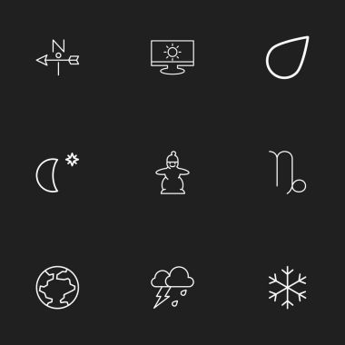 9 düzenlenebilir iklim anahat simgeleri ayarlayın. Kar yıldız, dünya, ay yıldız ve daha fazlasıyla gibi simgeleri içerir. Web, mobil, UI ve Infographic tasarımı için kullanılabilir.