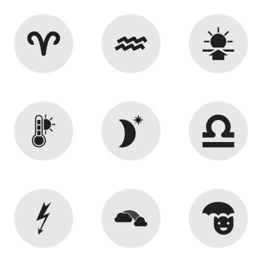 9 düzenlenebilir hava simgeler kümesi. Mutlu adam, güneş, yağmur sonra hava ve daha fazlası gibi simgeler içerir. Web, mobil, UI ve Infographic tasarımı için kullanılabilir.