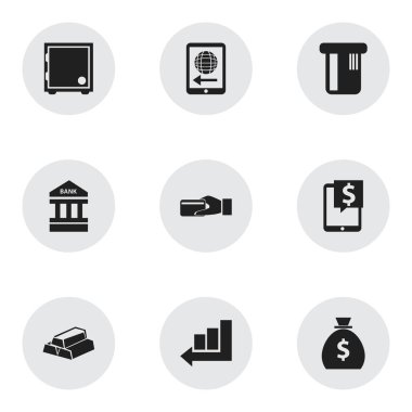 9 düzenlenebilir finansal simgeler kümesi. Mimari, ödeme, kasa ve daha fazlası gibi simgeler içerir. Web, mobil, UI ve Infographic tasarımı için kullanılabilir.