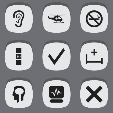 9 düzenlenebilir klinik simgeler kümesi. Klinik Oda, tıbbi Havacılık, Stop duman ve daha fazlası gibi simgeler içerir. Web, mobil, UI ve Infographic tasarımı için kullanılabilir.