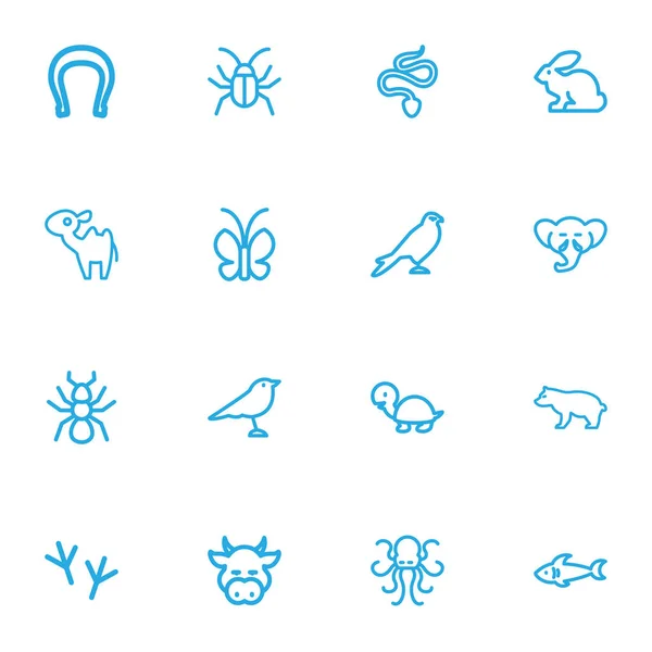Conjunto de 16 iconos del esquema de Zoología Editable. Incluye símbolos como la serpiente, el escarabajo, el rastro de aves y más. Puede ser utilizado para el diseño de la tela, móvil, interfaz de usuario e infografía . — Archivo Imágenes Vectoriales