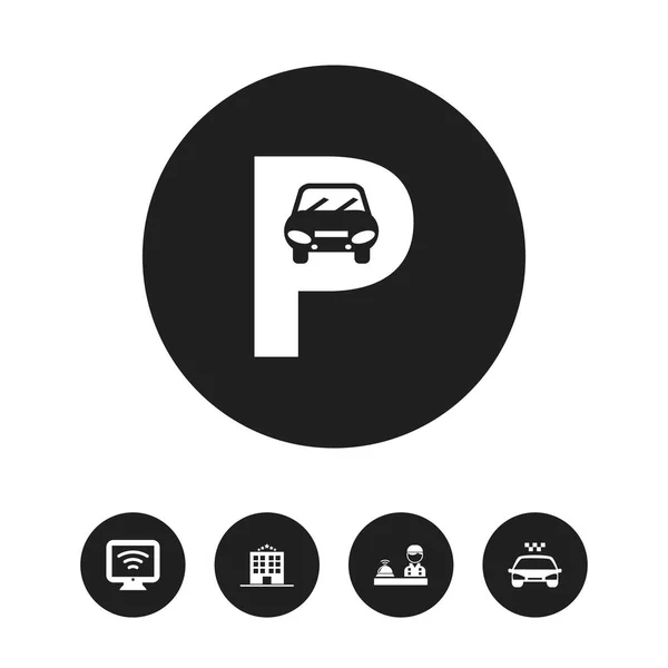 Set di 5 icone del motel modificabili. Include simboli come TV senza fili, parcheggio, check-in e altro ancora. Può essere utilizzato per la progettazione web, mobile, UI e infografica . — Vettoriale Stock