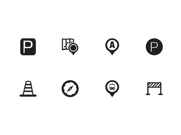 Ensemble de 8 icônes de navigation modifiables. Comprend des symboles tels que barrière, panneau de signalisation, GPS et plus. Peut être utilisé pour le Web, mobile, interface utilisateur et infographie . — Image vectorielle