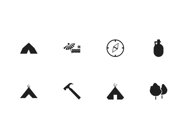 Set von 8 editierbaren Campingsymbolen. beinhaltet Symbole wie Krug, Holz, Pflug und mehr. kann für Web-, Mobil-, UI- und Infografik-Design verwendet werden. — Stockvektor