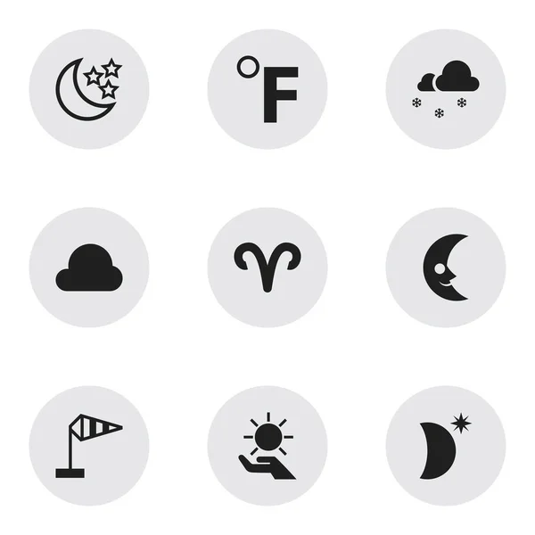 Conjunto de 9 iconos climáticos editables. Incluye símbolos tales como cubierto con nieve, solar en la palma, luz de luna y más. Puede ser utilizado para el diseño de la tela, móvil, interfaz de usuario e infografía . — Vector de stock