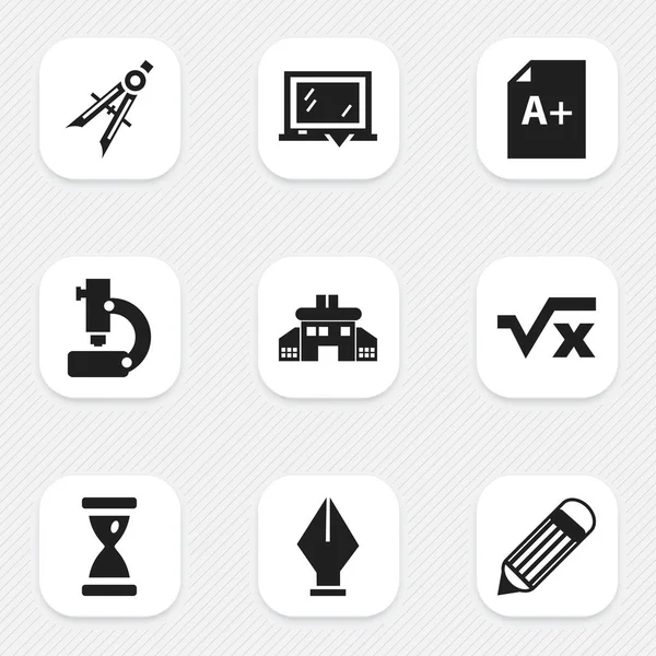 Набір з 9 шкільних значків. Включає такі символи, як дитячий садок, формула, вимірювання та багато іншого. Може використовуватися для веб, мобільного, інтерфейсу та інфографіки . — стоковий вектор