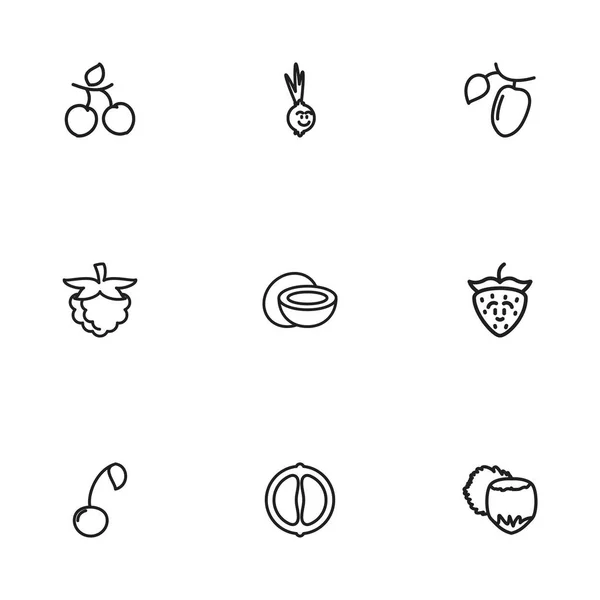 Set de 9 iconos de cocina editables. Incluye símbolos como la baya, coco, cebolla cómica y más. Puede ser utilizado para el diseño de la tela, móvil, interfaz de usuario e infografía . — Vector de stock