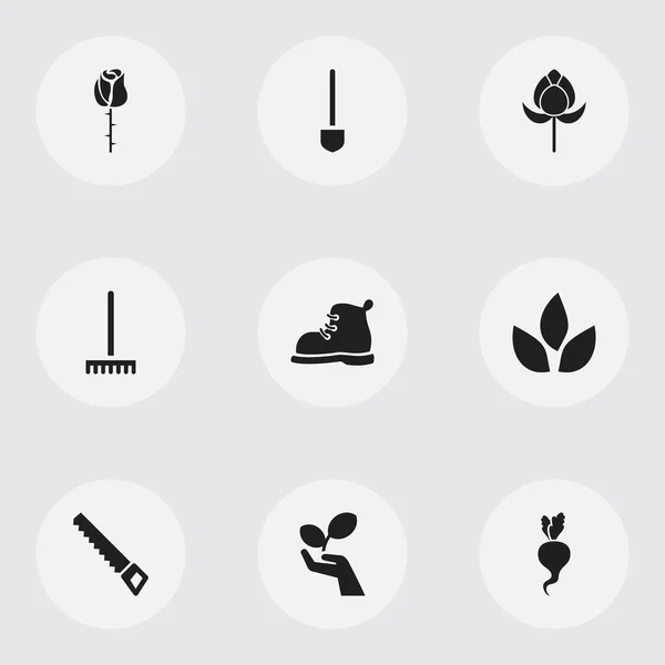 Set de 9 iconos de jardinería editables. Incluye símbolos tales como herramienta de granja, rábano, protección vegetal y más. Puede ser utilizado para el diseño de la tela, móvil, interfaz de usuario e infografía . — Archivo Imágenes Vectoriales