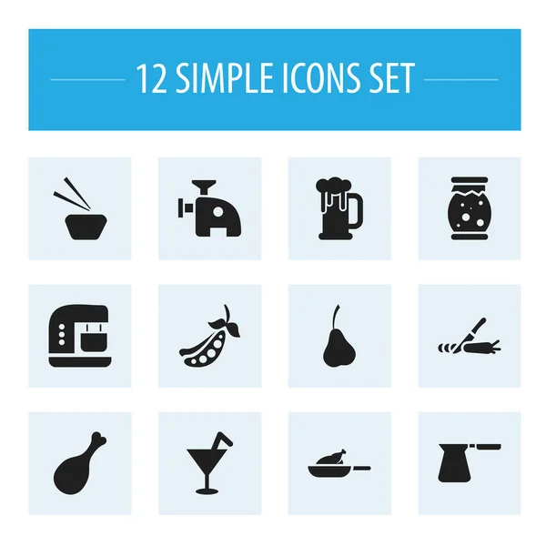 Σετ 12 εικονίδια δυνατότητα επεξεργασίας τροφίμων. Περιλαμβάνει σύμβολα όπως σπιτικά ζελέ, μπρίκι, μίξερ και περισσότερο. Μπορεί να χρησιμοποιηθεί για Web, Mobile, Ui και σχεδίασης γραφήματος. — Διανυσματικό Αρχείο