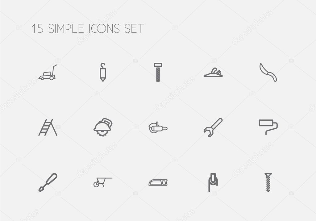 Set Of 15 Editable Equipment Outline Icons. Includes Symbols Such As Hardware, Lawn Mower, Jackknife And More. Can Be Used For Web, Mobile, UI And Infographic Design.