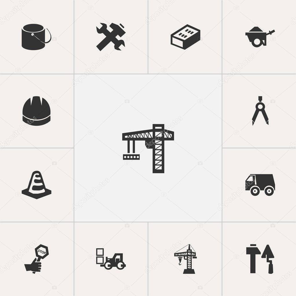 Set Of 13 Editable Structure Icons. Includes Symbols Such As Elevator, Trolley, Construction Tools And More. Can Be Used For Web, Mobile, UI And Infographic Design.